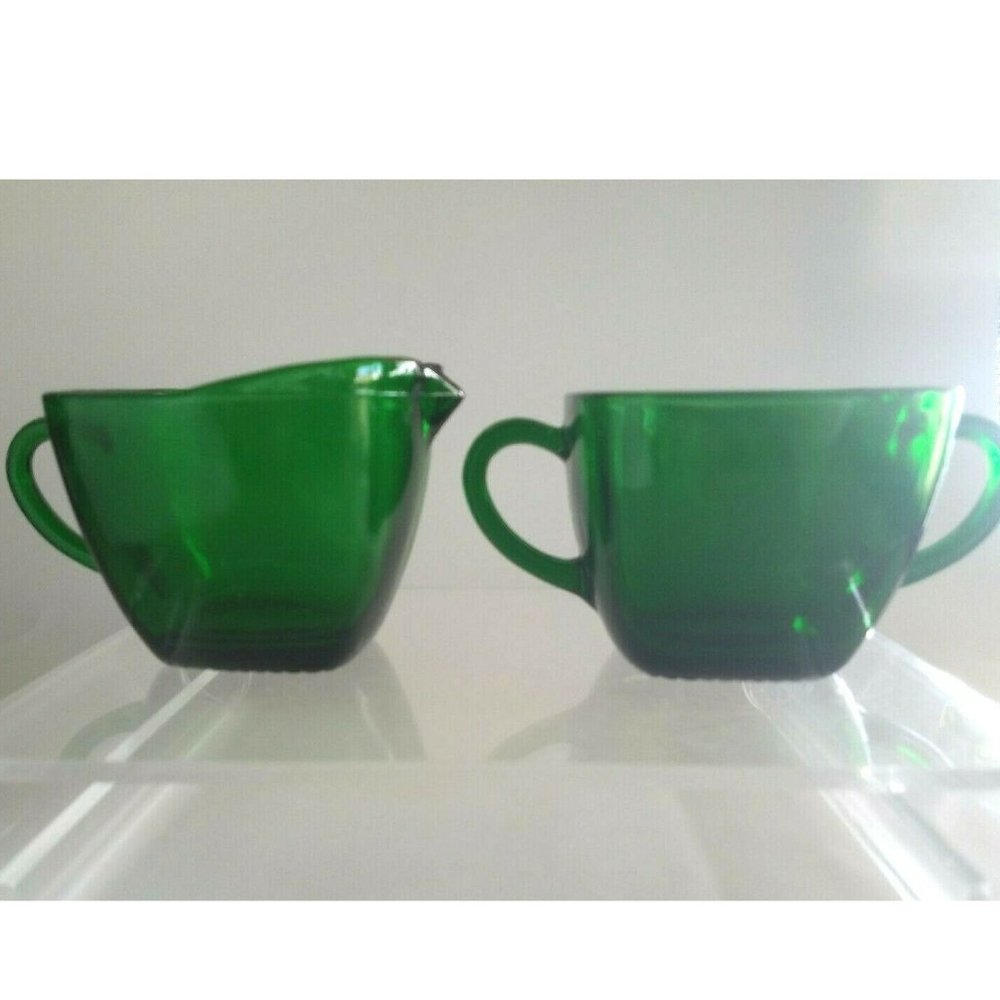 Vintage 1950's Anchor Hocking Forest Green Charm Square Creamer & Sugar Bowl Set